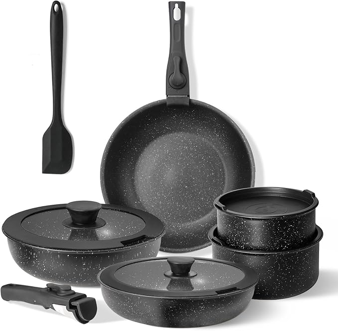 edx 12-Piece Nonstick Cookware Set with Detachable Handle Induction Compatible Dishwasher and Oven Safe Pots and Pans (Black)