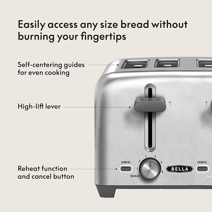 bella 4 Slice Toaster with Auto Shut Off Extra Wide Slots and Removable Drop-Down Crumb Tray with Cancel and Reheat Function For Texas Toast Large Bread &amp Bagel Stainless Steel