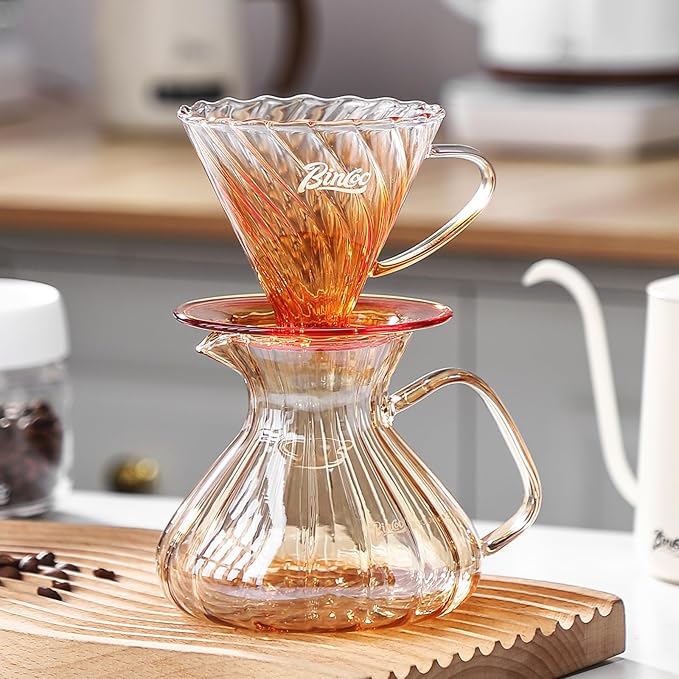 Bincoo Pour Over Coffee Maker Set650ML Borosilicate Glass Carafe with Coffee Driper&amp50pcs Paper FilterGlass Coffee Maker for Home Café Restaurant(Champagne)