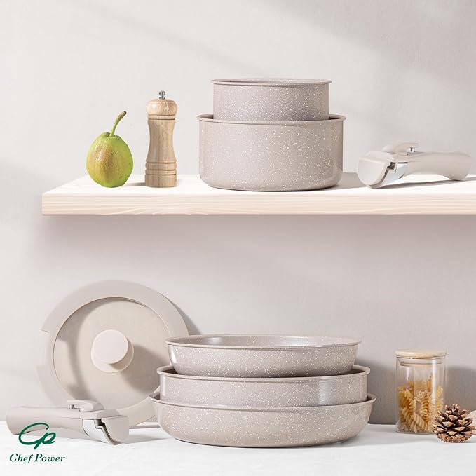 Chef Power Ceramic Nonstick Pots and Pans Set 19 Piece with Detachable Handle Induction Dishwasher Oven Safe Cookware Set RV Kitchen Set Removable Handle Mocca Taupe