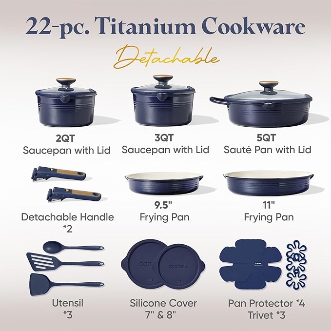 CAROTE 22Pcs Titanium Cookware Set Pots and Pans Set Non Stick Kitchen Cooking Set with Detachable Handle Non Toxic Induction Cookware Dishwasher/Oven SafeBlue