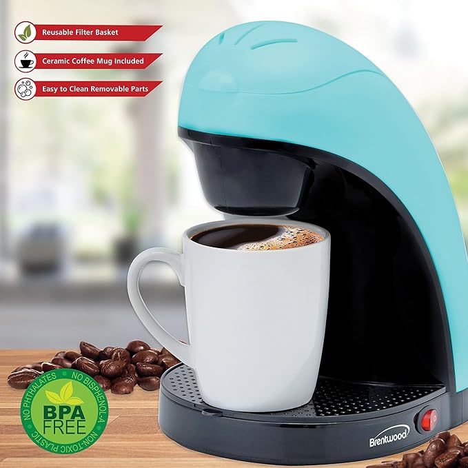 Brentwood TS-112BL Single-Serve Coffee Maker with Mug (Blue)