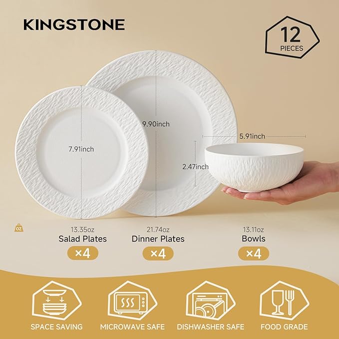 KINGSTONE Dinnerware Sets 12-Piece Matte Marble Pattern Premium Porcelain dishes set Plates and Bowls Sets for 4 Place Setting with Dinner Plate Salad Plate Pasta Bowl (White)