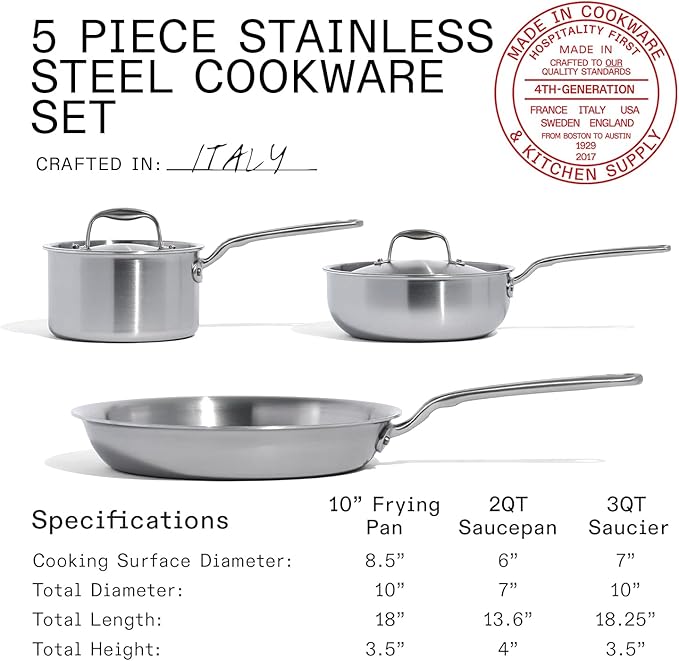 Made In Cookware | 5 Pc Stainless Steel Cookware Set | 5 Ply Clad | Includes Stainless Steel Frying Pan Saucepan and Saucier with Lid | Professional Cookware | Crafted in Italy