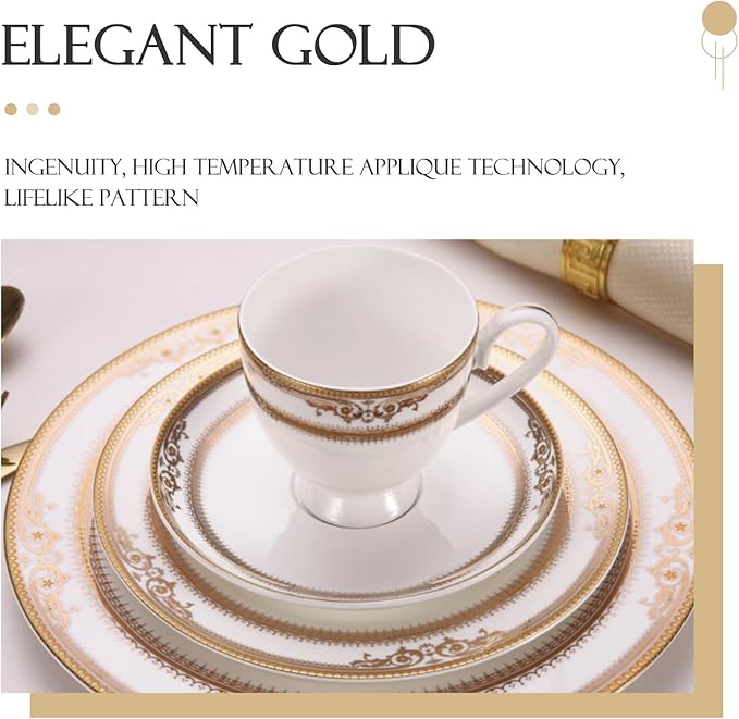 bone china dishes set for 4 16 pieces ceramic plate set with gold thread luxury royal pattern dinnerware sets for wedding housewarming birthday