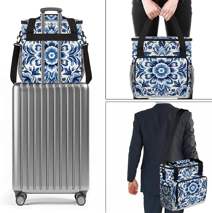 Blue Floral Printed Coffee Maker Travel Bag for Keurig K-Mini/K-Mini Plus Insulated Waterproof Tote with Pockets for K-Cup Portable Single-Serve Brewer Case