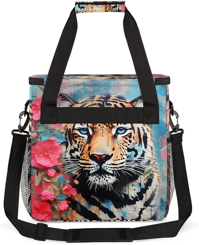 Tiger Coffee Maker Carrying Bag Oil Painting Flower Travel Storage Bag Compatible with K-Mini or K-Mini Plus Single Serve Coffee Brewer Carrying Case with Multiple Pockets &amp Shoulder Strap