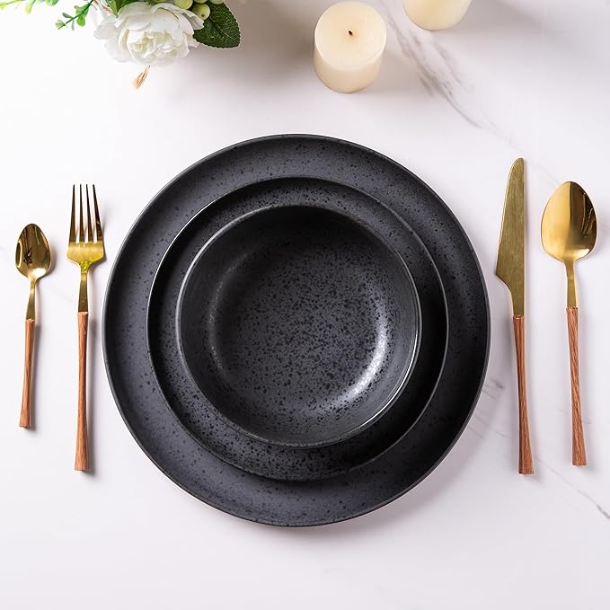 AmorArc Ceramic Dinnerware Sets Wavy Rim Stoneware Plates and Bowls SetsDishwasher &amp Microwave &amp Oven Safe Dishes set Service for 4 (12pc)-Charcoal Matte