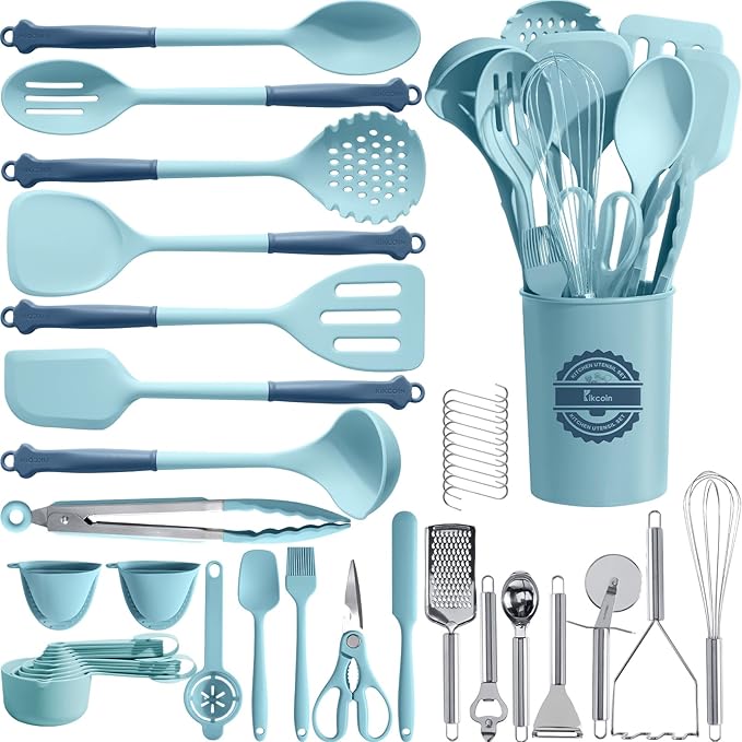 Kikcoin 43Pcs Large Kitchen Utensils Set - Silicone Cooking Utensils Set Dishwasher Safe Spatula Set for Non-stick Cookware 446°F Heat Resistant Kitchen Utensils Set with Holder BPA Free Blue