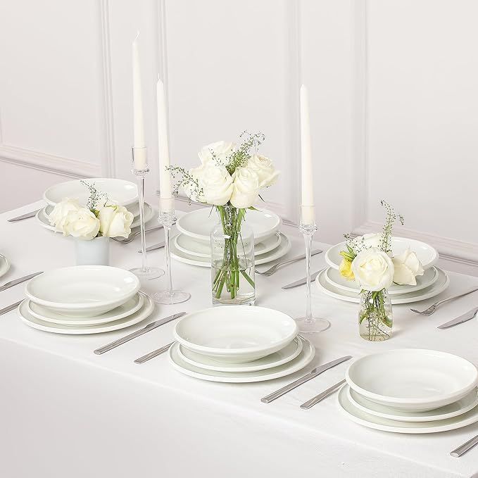 Earth &amp Clay Harmony 12-Piece Dinnerware Stoneware Plates and Bowls Set Includes Dinner and Salad Plates Cereal Bowls Dishwasher and Microwave Safe Dish Set for 4 White
