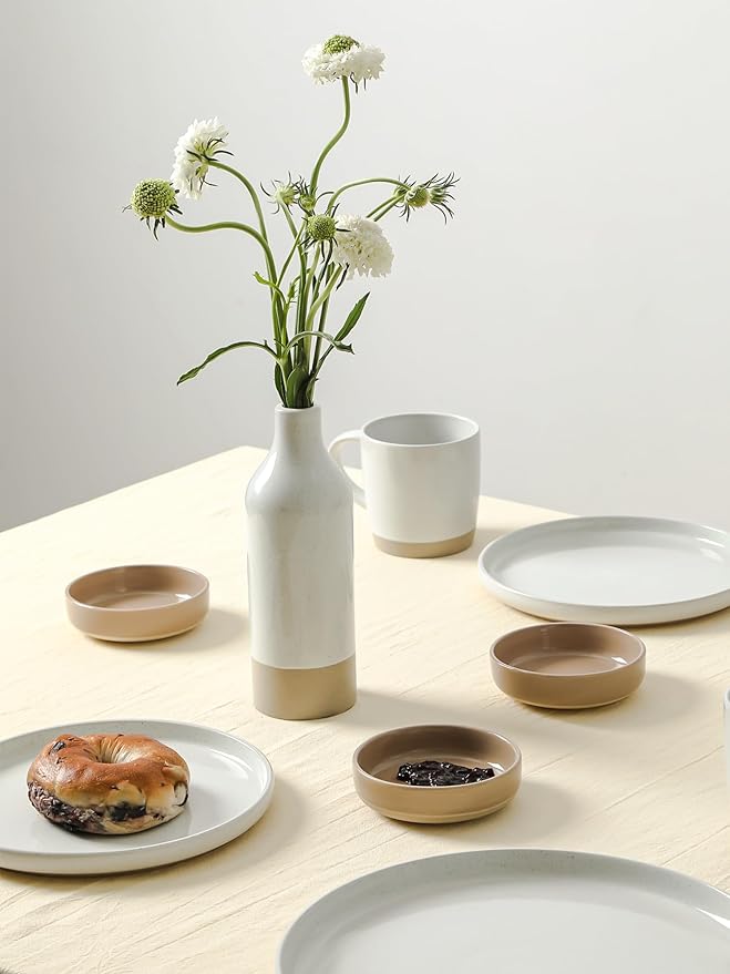 Famiware Nebula Plates and Bowls Set of 12 and Milkyway 4oz Dipping Bowls Set of 6 18 Pieces Dinnerware Sets Cinnamon Brown