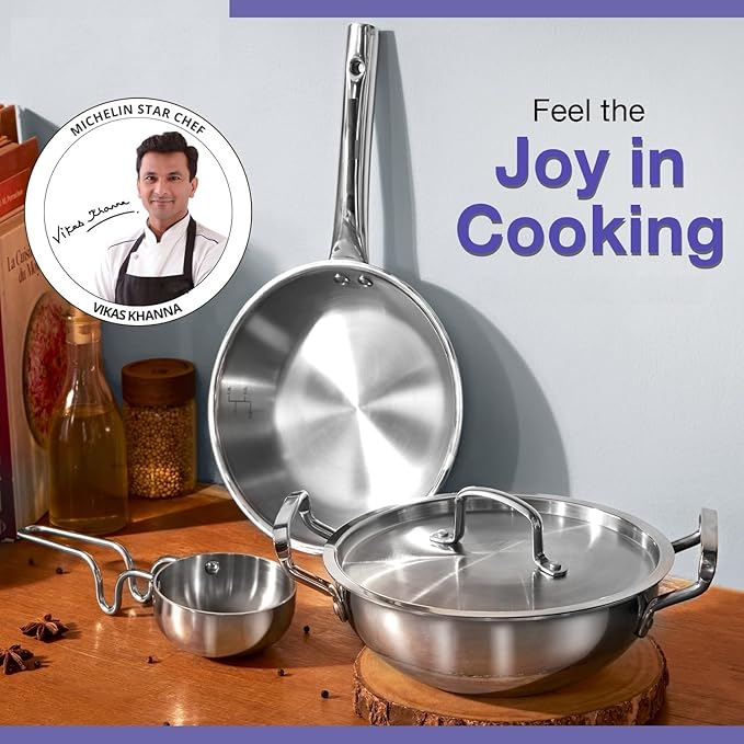 Stainless Steel Cookware Set 4 Pieces 22cm Kadai with Lid 22cm Frypan 10cm Tadka Pan Induction and Gas Stove Compatible