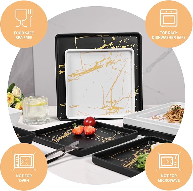 Square Melamine Dinnerware Sets of 12 PcsSquare Plates and Bowls SetsUnbreakable Dish Set for 4Lightweight Dishwasher Safe and BPA FreeSuit for RVCamping （Black and White）