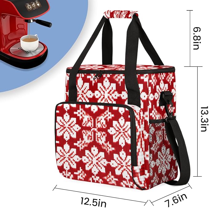 Christmas Snowflake Coffee Maker Carrying Bag Red Ethnic Pattern Travel Storage Bag Compatible with K-Mini or K-Mini Plus Single Serve Coffee Brewer Carrying Case with Pockets &amp Shoulder Strap