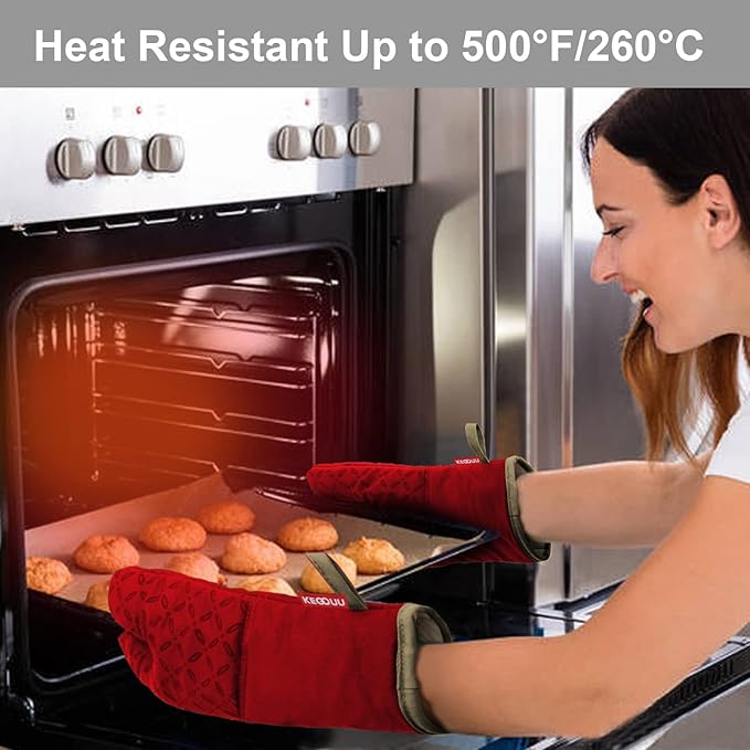 KEGOUU Oven Mitts and Pot Holders 6pcs Set Kitchen Oven Glove High Heat Resistant 500 Degree Extra Long Oven Mitts and Potholder with Non-Slip Silicone Surface for Cooking (Red)