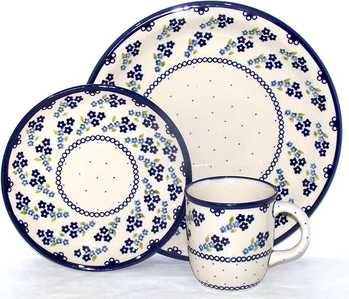 Polish Pottery UNIKAT Dinner 3 Pcs Place Setting Forget Me Not