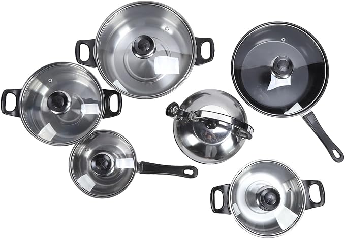 Stainless Steel Cookware Set Pots Pans with Saucepan Stock Pot Non Stick Frying Pan Tea Kettle Black Plastic Handles Complete Kitchen Solution