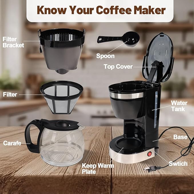 10 Cup Drip Coffee Maker One-Touch Anti-Drip Coffee Machine with Reusable Filter Carafe Auto Keep Warm Plate Spoon Coffee Pot Suitable for Home Use 110V