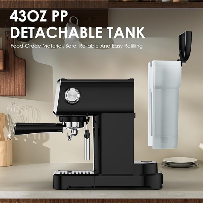 20 BAR Slim Vertical Espresso Machine with Milk Frother Built-in Cup Warmer 43 OZ Detachable Tank for Rich Espresso Americano Latte Compact Space-Saving Design Screen Button Black