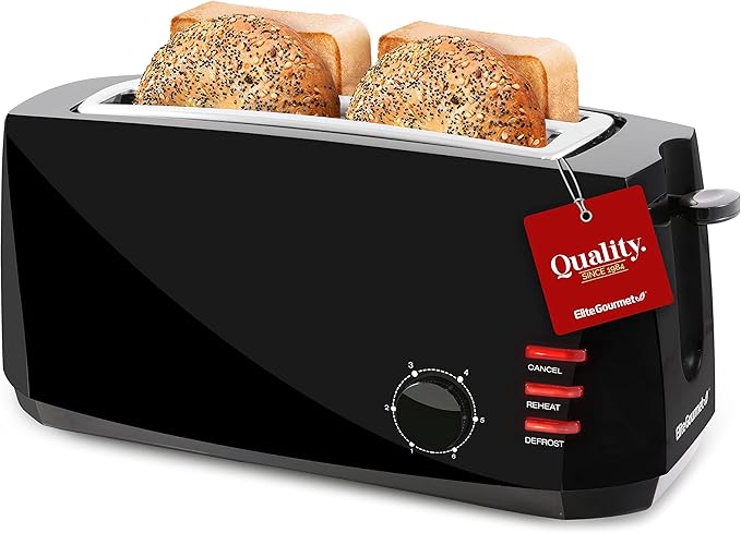 Elite Gourmet ECT4829B# Long Slot 4 Slice Toaster Reheat 6 Toast Settings Defrost Cancel Functions Built-in Warming Rack Extra Wide Slots for Bagels Waffles Black