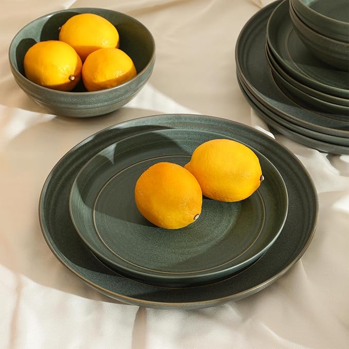Stone Lain Elio 12-Piece Dinnerware Set Stoneware Plates and Bowls Set Dish Set for 4 Green