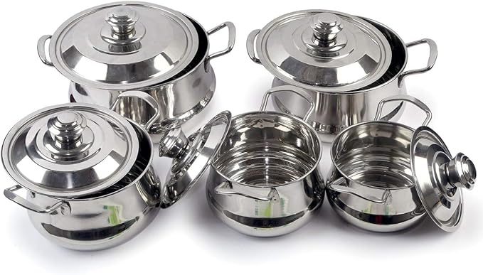 Stainless Steel Cook and Serve Handi Set with Lid Set of 5 (750 ml 1000 ml 1500 ml 2000ml 2700 ml)