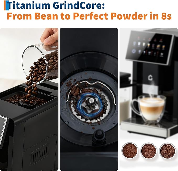 Smart Espresso Machine with Detachable Parts - Adjustable Grinder 3 Strength Settings Removable Milk Frother Easy Clean Coffee Maker for Home Use Black