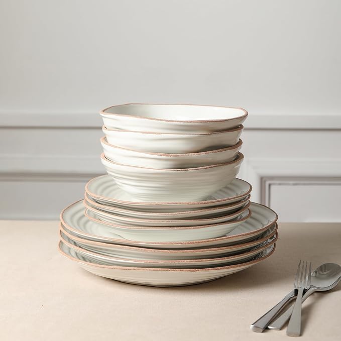Stone Lain Nami 24-Piece Dinnerware - Stoneware Plates and Bowls Set Microwave and Dishwasher Safe Dish for 8 White