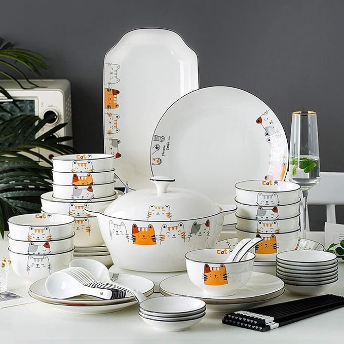 New Dinnerware SetsCeramics Dinner Sets 60 Pieces Cartoon Cat Porcelain Dinnerware Set | Gift Box Cereal Bowl Steak Plate and Soup Bowl for Family Gathering