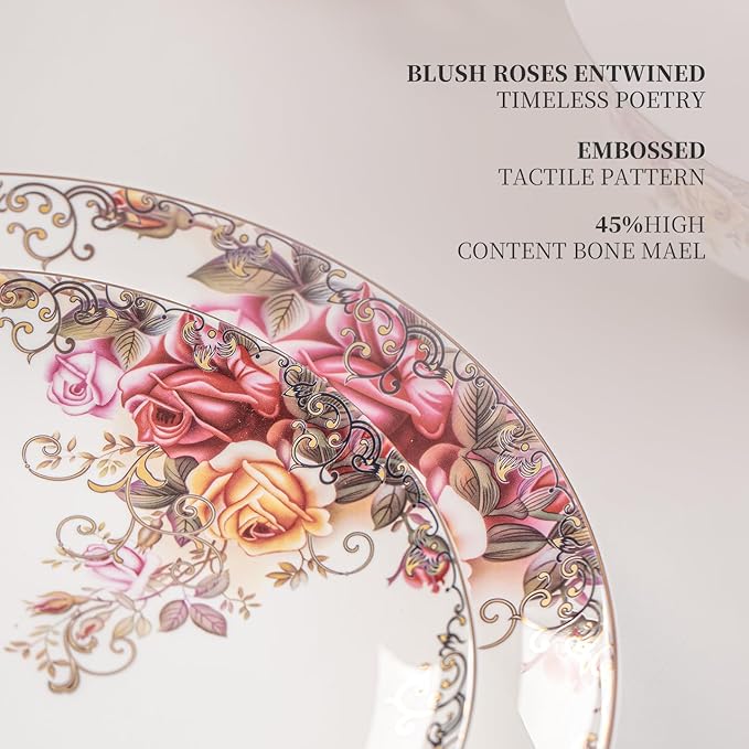 Dinnerware Sets Plates Set with Bowls Artistic 12-Piece Ceramic Dinnerware for Home Restaurant Chip and Scratch Resistant Microwave and Dishwasher Safe Rose Collection