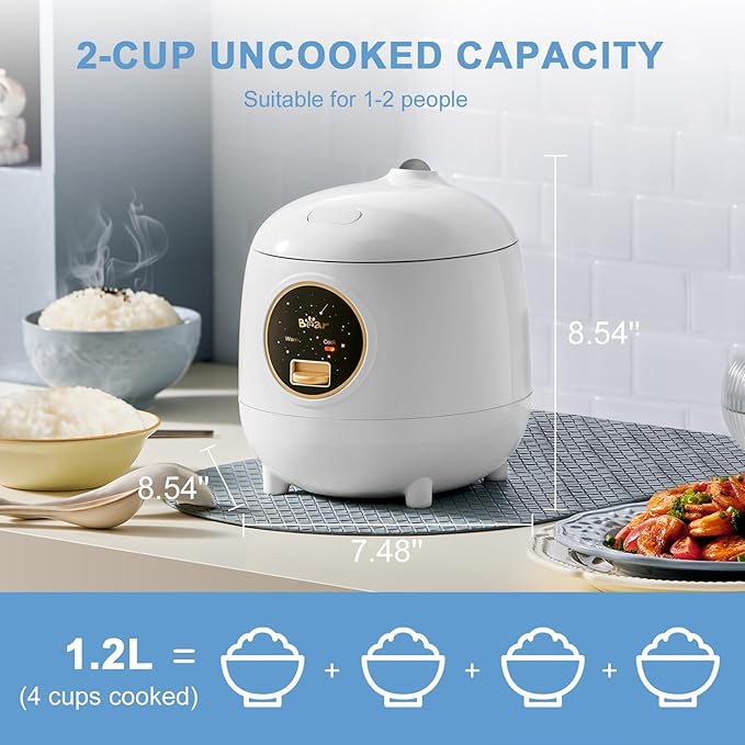 Bear Mini Rice Cooker 2 Cups Uncooked 1.2L Portable Non-Stick Small Travel Rice Cooker BPA Free One Button to Cook and Keep Warm Function White