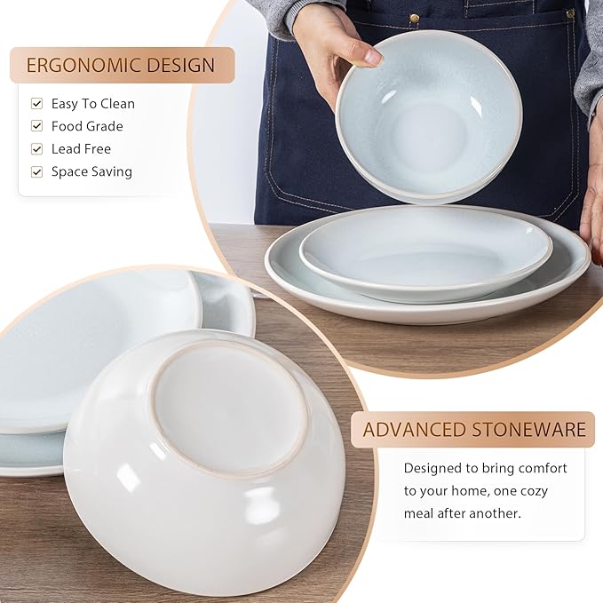 Plates and Bowls Sets for 4 - CJDC-QUELO 16-Piece Stoneware Dinnerware Sets Ceramic Dishware Set for Kitchen Use and Formal Dining Chip and Scratch Resistant Microwave Dishwasher Safe Off White