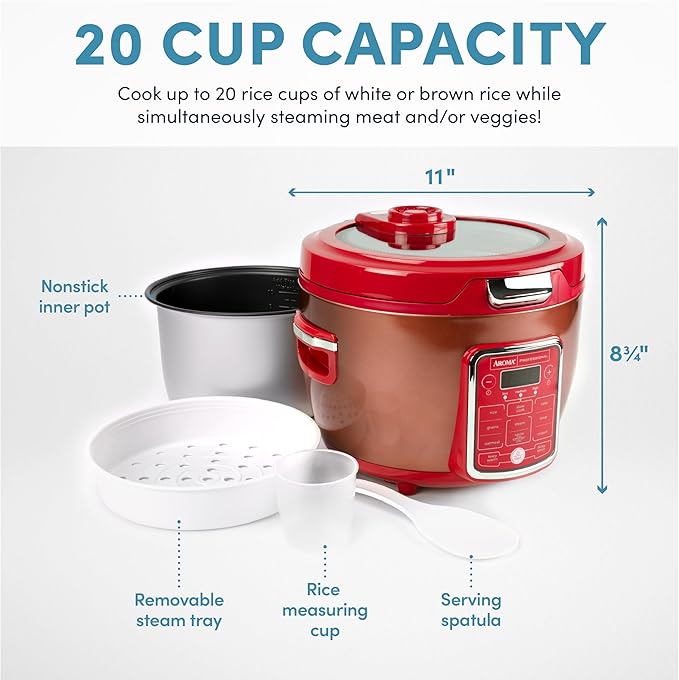 Cool Touch Rice Cooker with Glass Lid Food Steamer Slow Cooker Multicooker with 11 Preset Functions Steam Tray Measuring Cup Rice Spatula 20 Cups (Cooked)