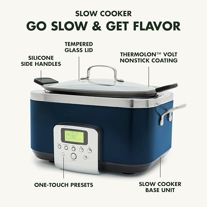 GreenPan GP5 Hard Anodized Healthy Ceramic Nonstick 9.5” and 11” Frying Pan Skillet Set 8-in-1 Programmable 6QT Electric Slow Cooker 5-Piece Cooking Utensil Set PFAS &amp PFOA-Free Blue