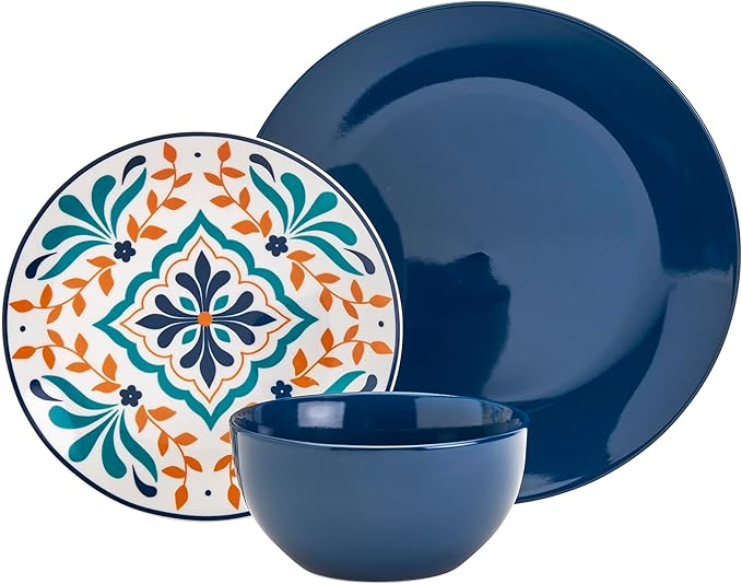 Tabletops Gallery 12-Piece Isabella Patterned Ceramic Dinnerware Set of Kitchen Dishes Dinner Plates Cereal Bowls Service for 4 Blue