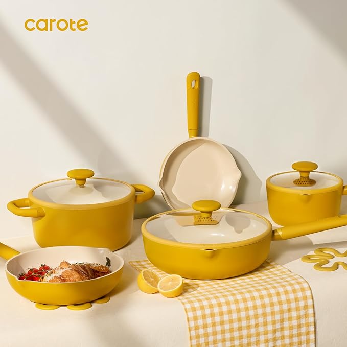 CAROTE 21pcs Cookware Set Nonstick Pots and Pans Set Ceramic Cookware Set Induction Cookware Non toxic Healthy Non Stick Kitchen Cooking Set PFAS PTFE Free