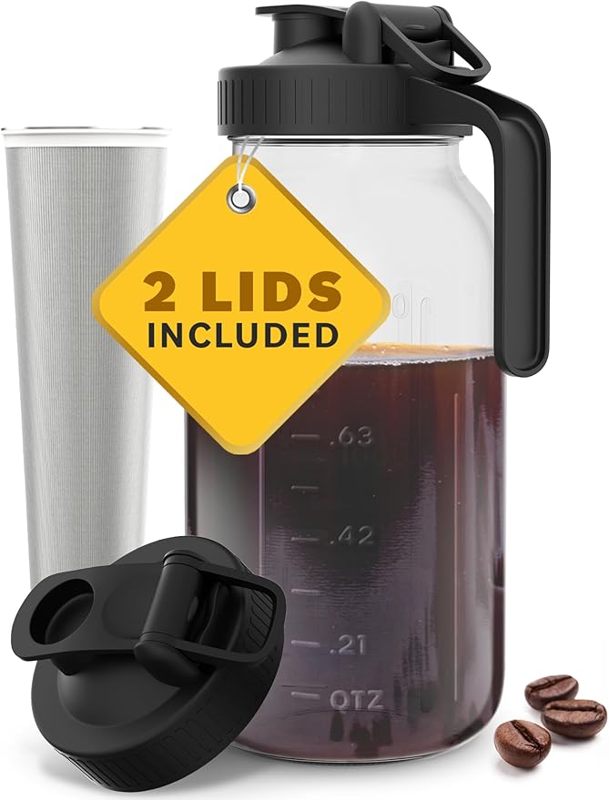 Home Hero Cold Brew Coffee Maker Glass Pitcher - Easy Mason-Style Cold Brew Jar - Smooth Iced Coffee Maker Experience - Leakproof Flip Cap &amp On-the-Go Lid for Iced Tea Pitcher - 64 Oz Black
