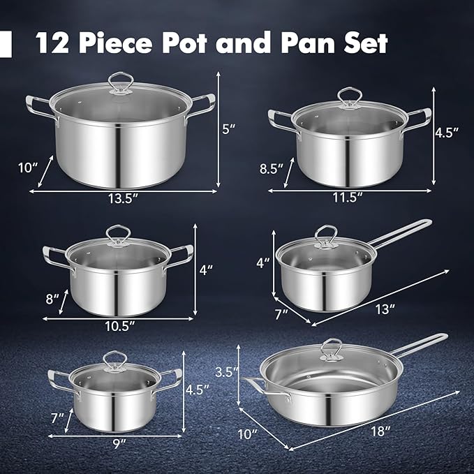 Giantex 12-Pcs Pots and Pans Set Non Stick Non-toxic Kitchen Set w/Tempered Glass Lids &amp Stay-Cool Handles Induction RV Cooking Set Stainless Steel Cookware Set Compatible with All Cooktops