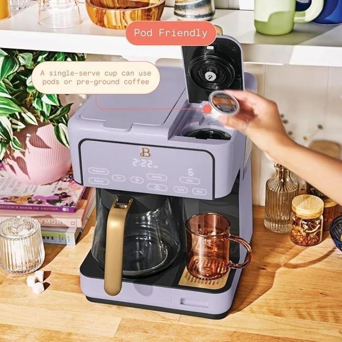 Multi-Brew Coffee Maker – 12-Cup Carafe &amp Single-Serve Pod or Grounds Iced Coffee Mode Programmable Touch Display Includes Filters (LAVENDER)
