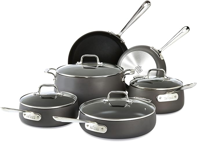 All-Clad HA1 Hard Anodized Nonstick Cookware Set 10 Piece Induction Oven Broiler Safe 500F Lid Safe 350F Pots and Pans Black