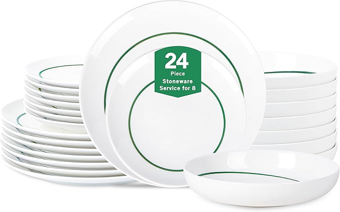 Stone Lain Luna 24-Piece Porcelain Dinnerware Set Plates and Bowls Set Dish Set for 8 Green