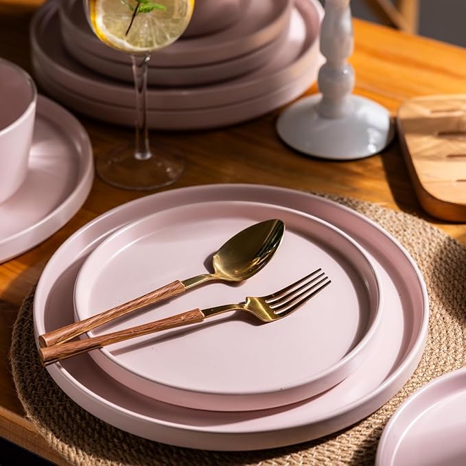 AmorArc Ceramic Dinnerware Sets of 4 Modern Flat Stoneware Plates and Bowls SetsChip and Crack Resistant | Dishwasher &amp Microwave Safe Dishes SetScratch Resistant- Service for 4 (12pc)-Matte Pi