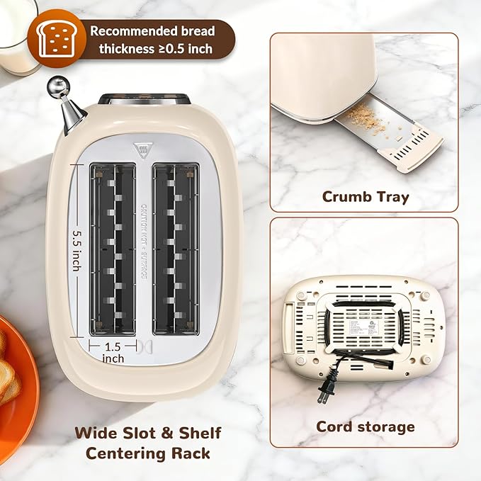 Mecity Toaster 2 Slice Touch Screen Wide Slot Retro Toaster For Breads Bagel Muffin Waffle House Warming Gift New Home 120V 825W Cream Color