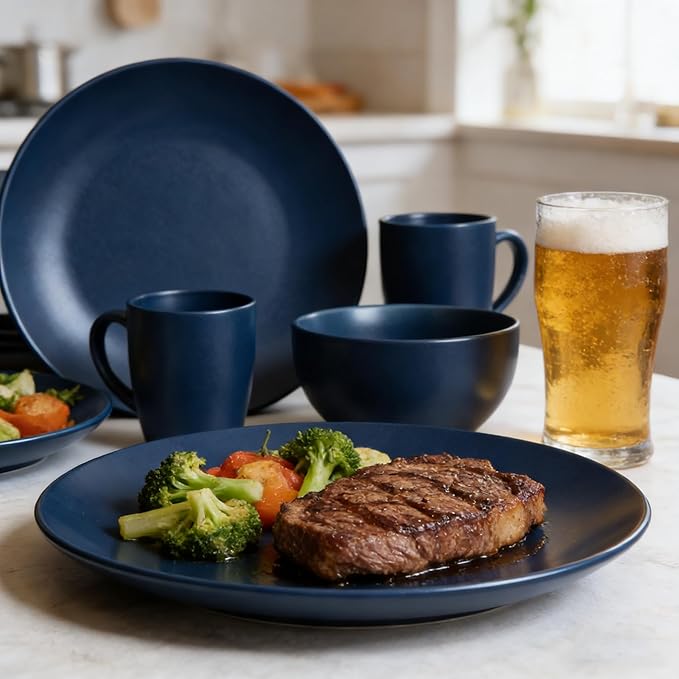 wocaxc16-Pieces Stoneware Dinnerware Set Kitchen Dinnerware Ceramic Crockery Set Dinner Service Set for 4 Include Dinner Plate Dessert Plate Cereal Bowl and Mug. (navy blue)