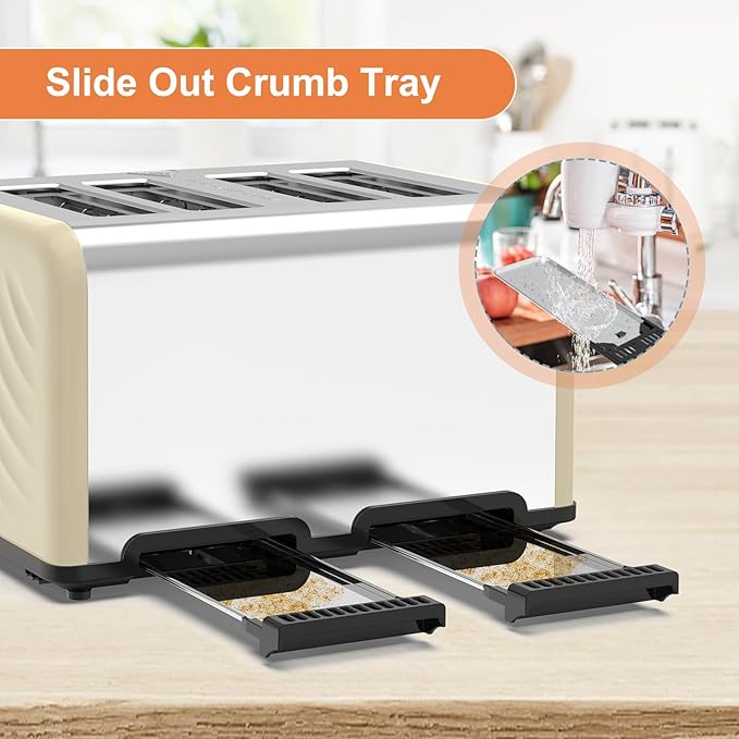 Toaster 4 Slice KitchMix Bagel Stainless Toaster with LCD Timer Extra Wide Slots Dual Screen Removal Crumb Tray (Cream)