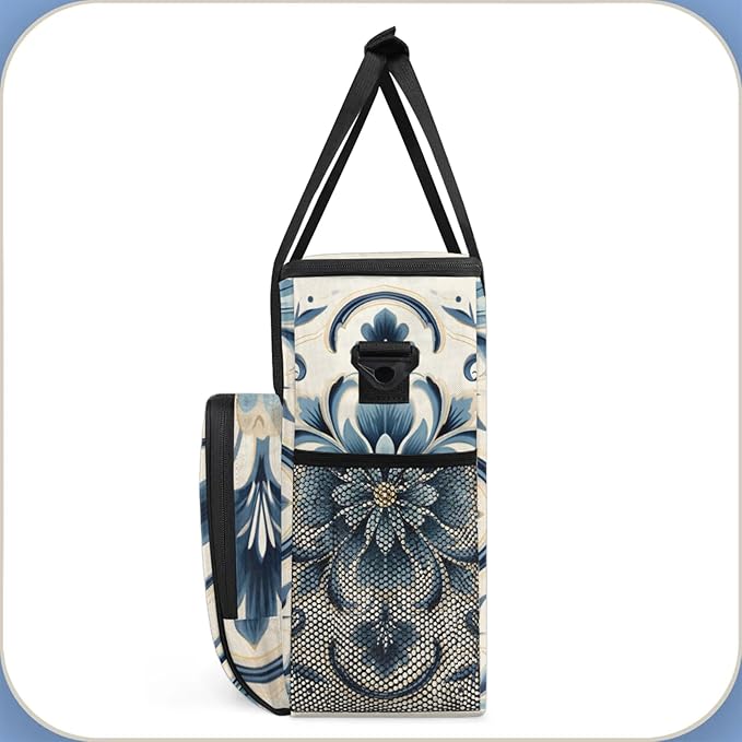 Blue Floral Coffee Maker Travel Bag for Keurig K-Mini/K-Mini Plus Insulated Waterproof Tote with Pockets for Portable Single-Serve Brewer Case