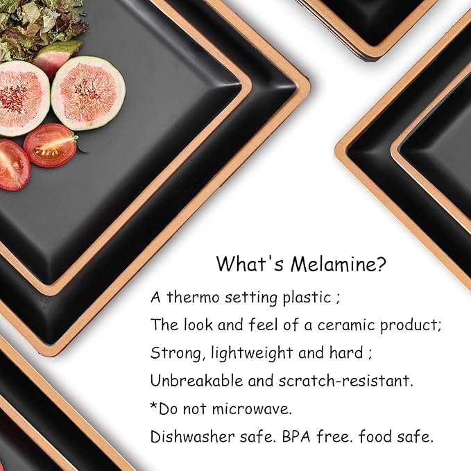 Melamine Dinnerware Sets Service for 4 Square Dinner Plates and Bowls Set12-Piece Set Non-breakable Lightweight Dinner Tableware for Indoor/Outdoor Use