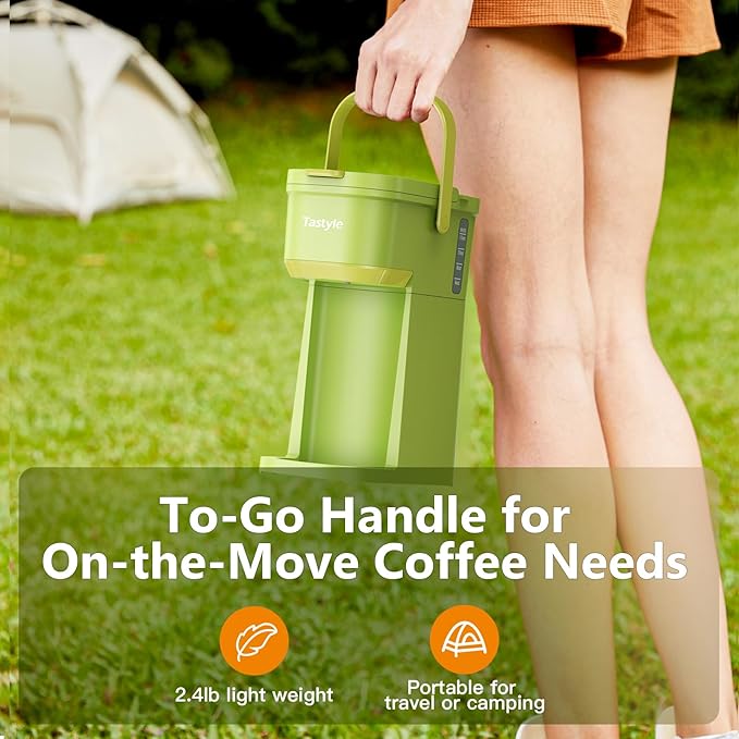 Single Serve One Cup Coffee Maker for K Cups and Grounds Mini Coffee Maker with Portable Handle 6 to 12 Oz Brew Size for Travel Camping Office RV and Dorm 120V Lime Green