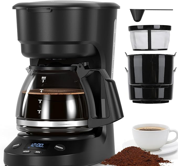 5 Cup Programmable Drip Coffee Maker 24H Delay Brew 2H Keep Warm &amp Auto Shut Off Pause &amp Serve Reusable Filter Glass Coffee Pot Small Coffee Machine for Home Office