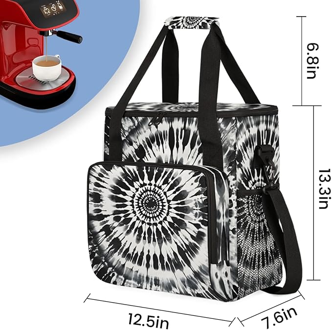 Black Tie Dye Coffee Maker Travel Bag for Keurig K-Mini/K-Mini Plus Insulated Waterproof Tote with Pockets for K-Cup Portable Single-Serve Brewer Case